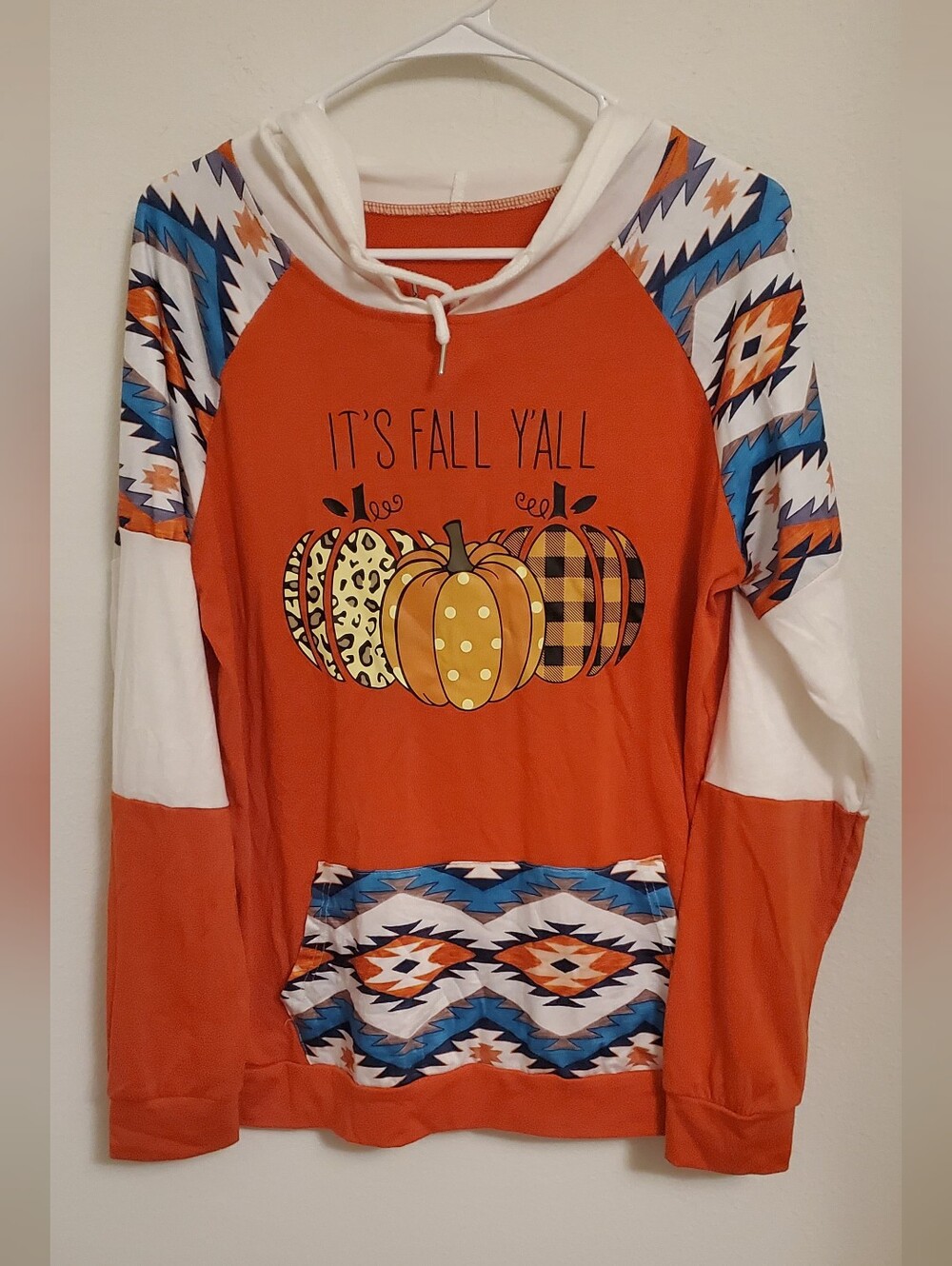 It's Fall Y'all Festive Pumpkin Harvest Long Sleeve Hooded Shirt Size Medium